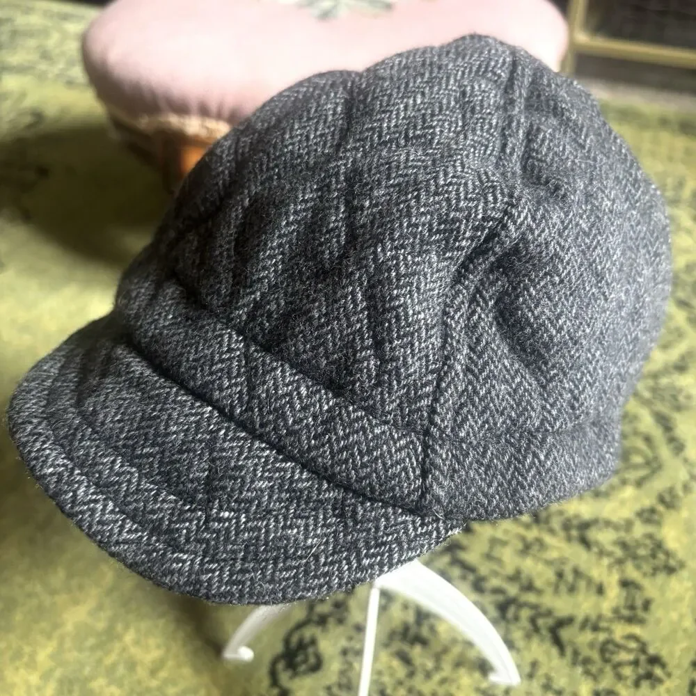 Vtg Y2k Sheila Moon Wool Cycling Cap Hat Knitted Herringbone Gray Satin Lined L